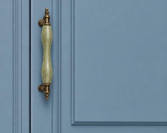 Antique Green Crackle Ceramic Cabinet Handle, Brass Drawer Pull, Farmhouse Hardware