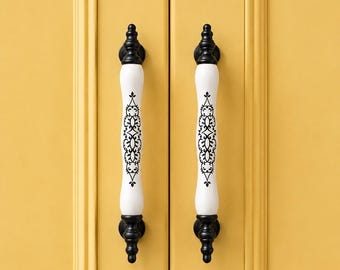 Vintage Black White Porcelain Cabinet Handle, Rustic Farmhouse Drawer Pull, Ceramic Knob