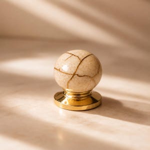 Knopp i krämfärgad marmorliknande keramik, lådhandtag i guldfärgad bas (30 mm diameter)