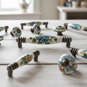 Vintage Blue Floral Ceramic Cabinet Handle with Antique Brass Accents