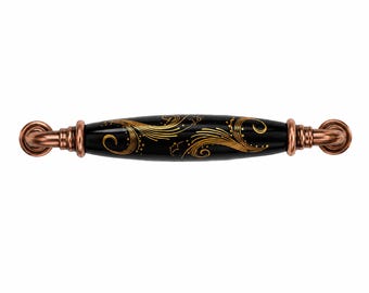 Black Porcelain Cabinet Handle, Antique Copper Accents, Rustic Farmhouse Drawer Pull