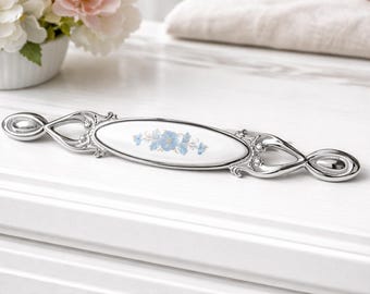 Floral Porcelain Cabinet Handle with Chrome Finish – Vintage Antique Style Drawer Pull
