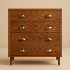 May include: A four-drawer chest of drawers in a warm brown wood finish. It features brass-toned, half-moon drawer pulls and stands on four tapered legs. The wood grain is visible, enhancing the natural look of the furniture.