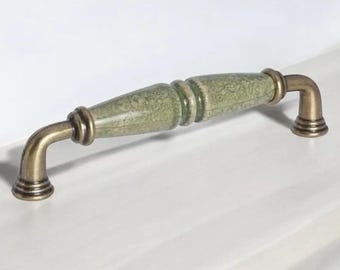 Handcrafted Green Ceramic Cabinet Pull – Antique Brass Furniture Handle, Vintage Kitchen & Dresser Hardware