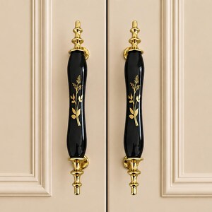 Black Porcelain Cabinet Handle with Gold Floral Pattern  Luxury Vintage Wardrobe Pull, Beige Cabinet Hardware, Classic Kitchen Drawer Handle
