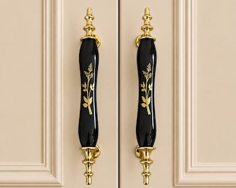 Black Porcelain Cabinet Handle, Gold Floral Pattern, Vintage Wardrobe Pull, Classic Drawer Hardware