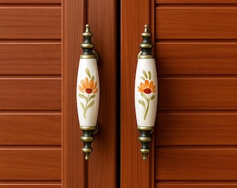 Vintage Floral Ceramic Drawer Pulls: Hand-Painted Porcelain Knobs, Bronze Finish