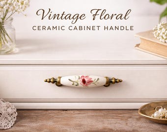 Hand Painted Floral Ceramic Cabinet Handle – Vintage Porcelain Drawer Pull with Antique Brass