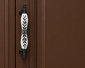 White Porcelain Cabinet Handle, Black Floral Pattern, Smoke Gray Hardware, Vintage Drawer Pull
