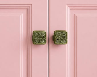 Embossed Botanical Ceramic Cabinet Knob – Antique Green Square Drawer Pull