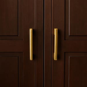 Op de afbeelding: Close-up van een donkerbruine houten kastdeur met twee verticale, goudkleurige stanggrepen. De handgrepen zijn gecentreerd op de deuren en zorgen voor een strakke en moderne uitstraling. De kastdeuren hebben een verzonken paneelontwerp.