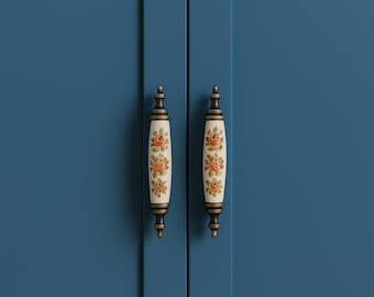 Vintage Floral Porcelain Cabinet Handle: Shabby Chic Brass Drawer Pull