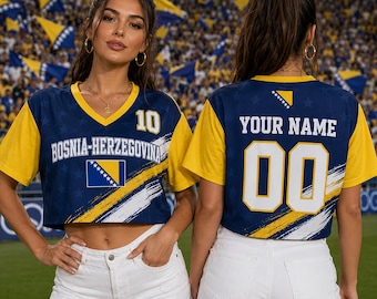 Custom Bosnia-Herzegovina Soccer Crop Top Jersey, Personalized Bosnia-Herzegovina Soccer Jersey Crop Tee, Support Football Team