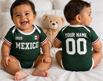 Personalisierter Mexiko-Baby-Bodysuit, individueller Name Fußball-Baby-Outfit, Mexiko-Fußballfan-Geschenk, Neugeborenen Sport-Jersey-Strampler