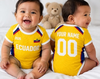 Personalisierter Ecuador-Baby-Bodysuit, Name Fußball-Baby-Outfit, Ecuador-Fußballfan-Geschenk, Neugeborenen Sport-Jersey-Strampler