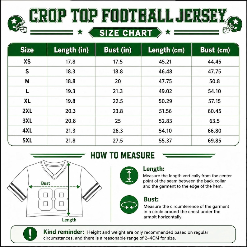 May include: A green and white size chart for a crop top football jersey. The chart includes columns for size, length in inches, and bust in inches, alongside metric conversions. It features a diagram showing how to measure length and bust.
