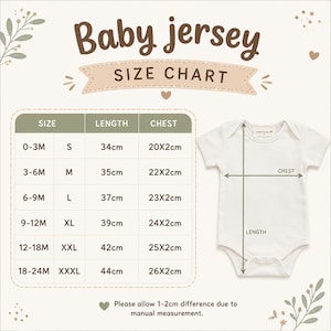 K&ouml;nnte beinhalten: Eine Gr&ouml;&szlig;entabelle f&uuml;r Baby-Bodys mit einem wei&szlig;en kurz&auml;rmeligen Body und Messpfeilen f&uuml;r L&auml;nge und Brustumfang. Die Tabelle f&uuml;hrt Gr&ouml;&szlig;en von 0-3M bis 18-24M auf, mit L&auml;ngen von 34cm bis 44cm und Brustbreiten von 20x2cm bis 26x2cm.