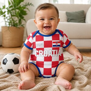 K&ouml;nnte beinhalten: Ein Babybody mit rot-wei&szlig;em Karomuster, blauen R&auml;ndern und dem aufgedruckten Text "CROATIA" sowie "2026" auf der Vorderseite. Ein kleines kroatisches Flaggensymbol befindet sich &uuml;ber dem Text. Das Kleidungsst&uuml;ck hat kurze &Auml;rmel und einen Rundhalsausschnitt.