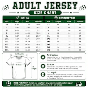 May include: An adult jersey size chart featuring a table with measurements in inches and centimetres for sizes XS through 6XL. It includes a diagram of a v-neck t-shirt with labelled A, B, and D measurement points and instructions for measuring.