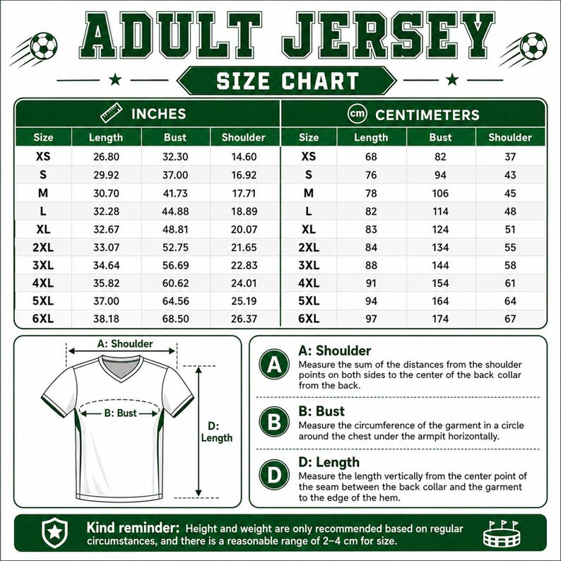May include: An adult jersey size chart featuring a table with measurements in inches and centimetres for sizes XS through 6XL. It includes a diagram of a v-neck t-shirt with labelled A, B, and D measurement points and instructions for measuring.