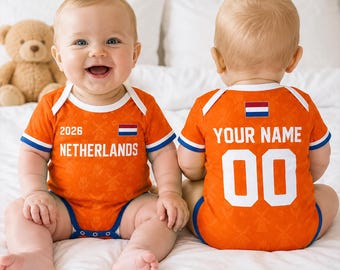 Body personalizado para bebê com tema da Holanda, roupa de bebê com nome personalizado para fã de futebol da Holanda, presente para torcedor do time de futebol holandês, body esportivo para recém-nascido.