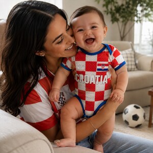K&ouml;nnte beinhalten: Ein Baby-Body mit rot-wei&szlig;em Karomuster, blauen R&auml;ndern, dem Schriftzug "CROATIA" in wei&szlig;en Buchstaben, der Jahreszahl "2026" in Wei&szlig; und einem kleinen kroatischen Flaggenaufn&auml;her auf der Brust. Das Kleidungsst&uuml;ck hat kurze &Auml;rmel.