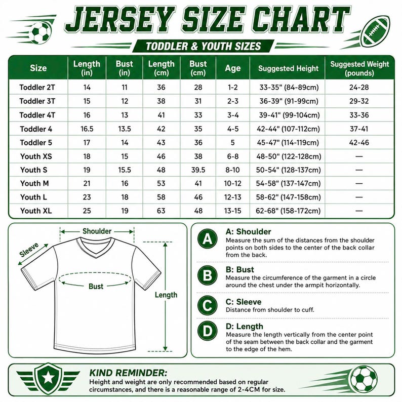 May include: A green and white jersey size chart for toddlers and youth, featuring a table with measurements in inches, centimetres, and pounds. It includes a diagram of a t-shirt with labels for shoulder, sleeve, bust, and length, plus instructions.
