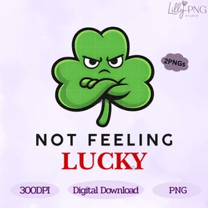 Op de afbeelding: Een digitale afbeelding van een groene klaver met een boos gezicht en gekruiste armen. De tekst luidt "NOT FEELING LUCKY" in zwart en rood. Inclusief "300DPI", "Digitale download" en "PNG".