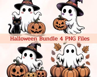 Cute Ghost Halloween PNG Bundle, Spooky Ghosts with Pumpkins Clipart Set of 4, Witch Hat Ghost Digital Download Sublimation