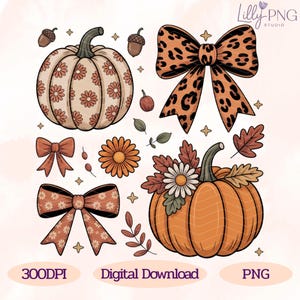 May include: A digital illustration featuring fall-themed elements. The image includes pumpkins, bows, flowers, acorns, and leaves in shades of orange, brown, and cream. Text at the bottom reads "300DPI", "Digital Download", and "PNG".