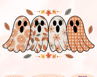 Vintage Halloween Ghost PNG: Retro kwiatowy kliparty w kratkę (pobieranie cyfrowe)