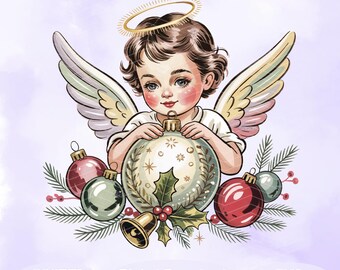 Anjo de Natal Vintage PNG, Clipart de Querubim Fofo, Arte de Enfeite de Natal Retrô, Imprimível em 300 DPI, Decoração de Natal Angelical, Download Digital
