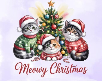 Meowy Christmas PNG, Cute Cats in Sweaters Clipart, Funny Holiday Cat Design, Festive Pet Christmas Digital Download