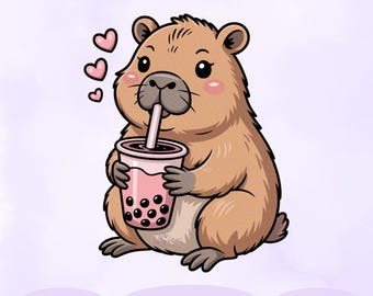 May include: A cartoon illustration of a brown capybara drinking a pink bubble tea with a straw. The capybara has pink cheeks and three pink hearts floating above its head. The words "Digital Download" and "PNG" are at the bottom.