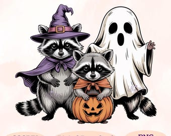 Halloween Raccoon Clipart: Ghost & Pumpkin PNG (Digital Download