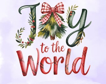 Joy to the World PNG, Farmhouse Christmas Quote Design, Plaid Lettering Holiday Clipart, Rustic Festive Digital Download