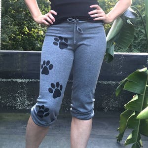 Bow Wow Cropped Pants, Gift for a Dog Lover, Dog Walker, Paw Print Pants, Dog Gift, Yoga Capris, Pajama Pants