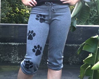 Bow Wow Cropped Pants, Gift for a Dog Lover, Dog Walker, Paw Print Pants, Dog Gift, Yoga Capris, Pajama Pants