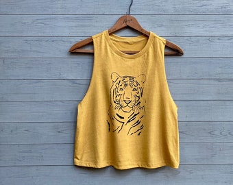 Yellow Tiger Tank, Cropped Tank Top, Yoga Tank, Mustard Yellow