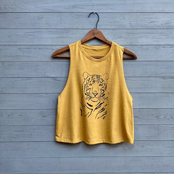 Yellow Tiger Tank, Cropped Tank Top, Yoga Tank, Mustard Yellow