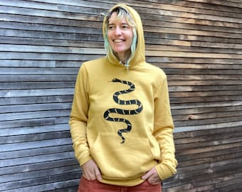 Snake Print Hoodie: Unisex Mustard Yellow Fleece Sweatshirt