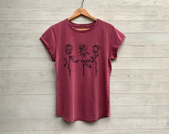 Organic Cotton Roses Tee, Rolled Sleeves, Deep Red Tee