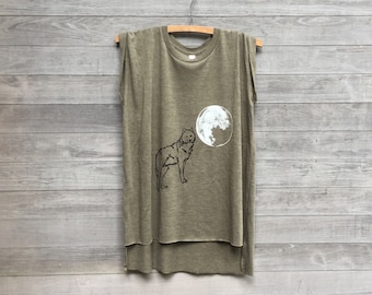 Olive Green Wolf Sleeveless Tee: Gym Muscle Shirt