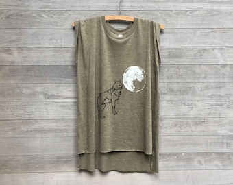 Wolf Tee, Gym Shirt, Sleeveless Tee, Muscle Tee, Moon Tee