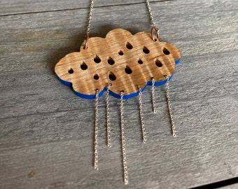 Rainy Day Cloud Necklace, Wood Pendant, Wood Necklace, Unique Jewelry Gift, Eco Friendly Jewelry