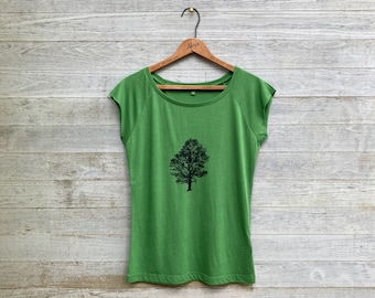 Oak Tree Tshirt, Bamboo + Organic Cotton, Cap Sleeve Tee, Silky Tee, Grass Green