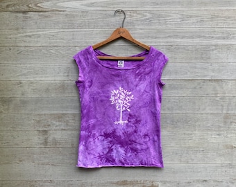 Lilac Tree Tee, Hand Dyed Cotton Tee with Capped Sleeves, Lightweight, Feminine and Unique