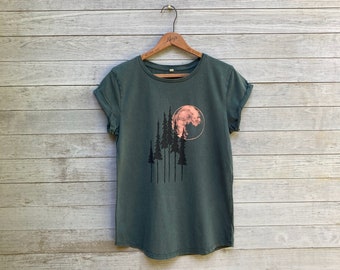 Under the Blood Moon Tee, Organic Cotton, Forest Green Tee with Rolled Sleeves, Outdoors Top