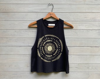 Sun Goddess Crop Top, Festival Top, Gold Sun, Yoga Top