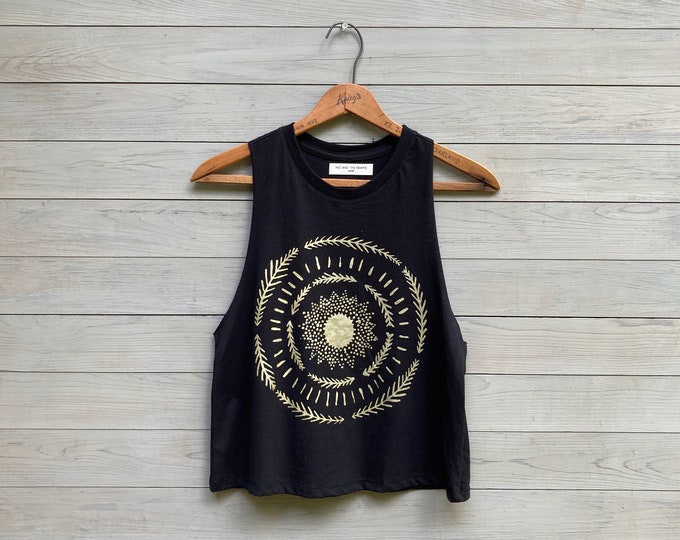 Gold Sun Goddess Crop Top: Hand Printed Festival Yoga Tank